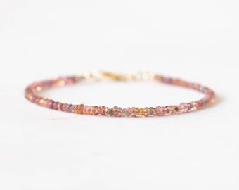 Brown and Peach Sapphire Bracelet, Dainty September Shaded Birthstone Jewelry, Sterling Silver or Rose Gold Fill