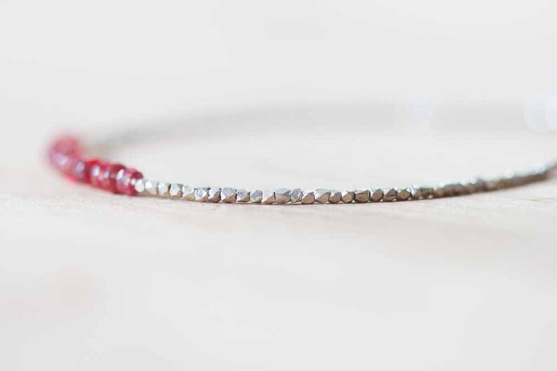 Ultra Delicate Fine Silver Bracelet with Padparadscha Sapphire, Skinny Karen Hill Tribe Beaded Stacking Bracelet, Sterling Silver Jewelry image 4