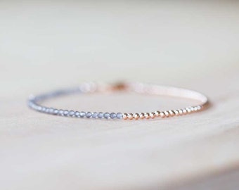 Grey Moonstone Bracelet with Sterling Silver or Rose Gold Filled, Delicate Gemstone Skinny Stacking Jewelry