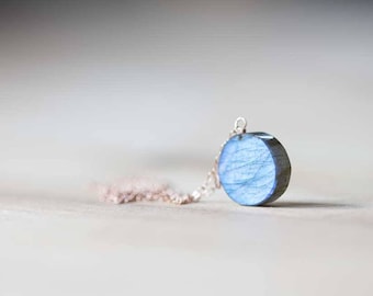 Labradorite Circle Necklace on 14k Rose Gold Filled or Sterling Silver Chain, Delicate Labradorite Pendant, Oxidized Sterling Silver