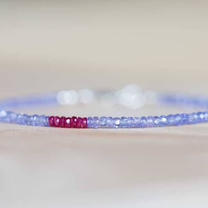 Tanzanite Bracelet with Ruby, Delicate Multi Gemstone Stacking Skinny Bracelet, Tanzanite Jewelry, December July Birthstone, Genuine Ruby image 2