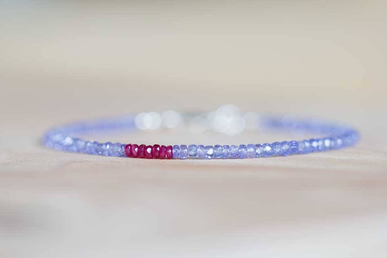 Tanzanite Bracelet with Ruby, Delicate Multi Gemstone Stacking Skinny Bracelet, Tanzanite Jewelry, December July Birthstone, Genuine Ruby image 2