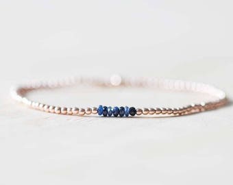 Sapphire Stretch Bracelet with Rose Gold Fill or Sterling Silver, Delicate Beaded Blue Sapphire Jewelry, Elastic Stacking Bracelet