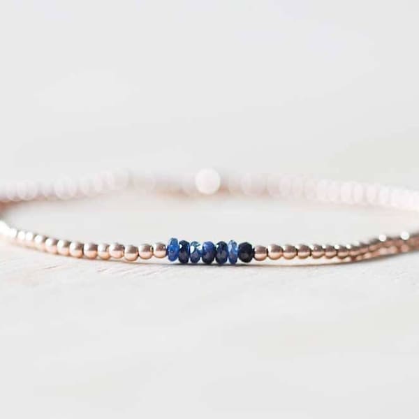 Sapphire Stretch Bracelet with Rose Gold Fill or Sterling Silver, Delicate Beaded Blue Sapphire Jewelry, Elastic Stacking Bracelet