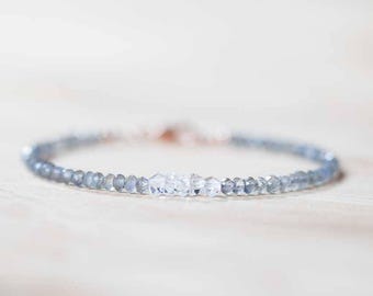 Labradorite & Herkimer Diamond Bracelet, Delicate Quartz Crystal Jewelry, Beaded Labradorite Bracelet, Rose Gold Fill or Sterling Silver