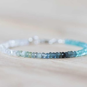 Moss Aquamarine, Apatite & Rainbow Moonstone Bracelet, Beaded Multi Gemstone Blue Green Ombre Bracelet, Sterling Silver Rose Gold Fill