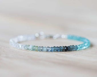 Moss Aquamarine, Apatite & Rainbow Moonstone Bracelet, Beaded Multi Gemstone Blue Green Ombre Bracelet, Sterling Silver Rose Gold Fill