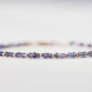 Delicate Iolite Bracelet with Rose Gold Fill or Sterling Silver, Delicate Gemstone Beaded Stacking Bracelet, Iolite Jewelry, Blue Gemstone