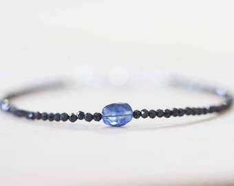 Delicate Black Spinel Bracelet with Kyanite, Tiny Black Gemstone Skinny Stacking Bracelet, Blue Kyanite Jewelry, Black Spinel Jewelry
