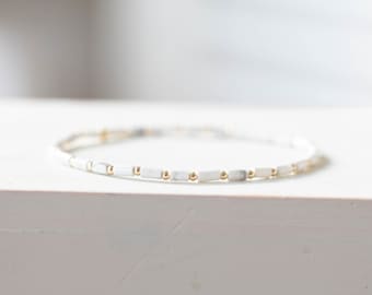 White Howlite Tube Bead Stretch Bracelet: Beaded White Stone with Sterling Silver, Yellow or Rose Gold Filled