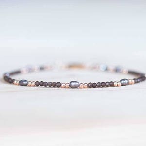 Smoky Quartz Bracelet with Peacock Pearls, Delicate Multi Gemstone Beaded Jewelry, Rose Gold Fill or Sterling Silver, Tiny Faceted Beads