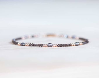 Smoky Quartz Bracelet with Peacock Pearls, Delicate Multi Gemstone Beaded Jewelry, Rose Gold Fill or Sterling Silver, Tiny Faceted Beads