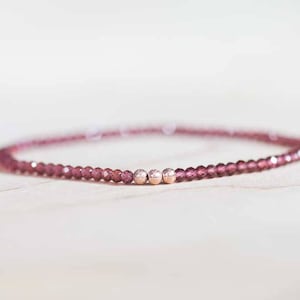 Garnet Bracelet, Beaded Red Gemstone Elastic Stacking Jewelry, Delicate Stretch Faceted Small Beads, Rose Gold Fill or Sterling Silver