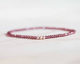 Garnet Bracelet, Beaded Red Gemstone Elastic Stacking Jewelry, Delicate Stretch Faceted Small Beads, Rose Gold Fill or Sterling Silver