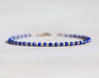 Lapis Bracelet with Rose Gold Fill or Sterling Silver, Stacking Layering Beaded Gemstone Jewelry, Lapis Lazuli Faceted Blue Gemstone