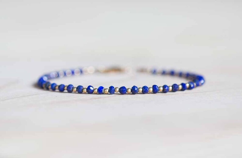 Lapis Bracelet with Rose Gold Fill or Sterling Silver, Stacking Layering Beaded Gemstone Jewelry, Lapis Lazuli Faceted Blue Gemstone image 1