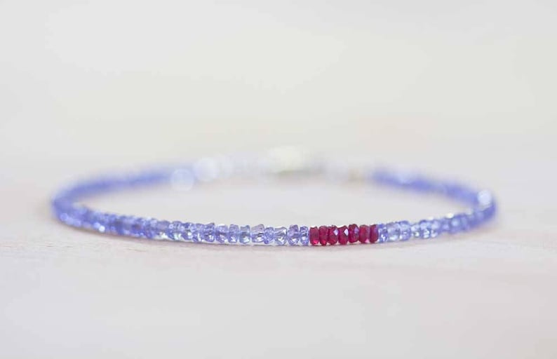 Tanzanite Bracelet with Ruby, Delicate Multi Gemstone Stacking Skinny Bracelet, Tanzanite Jewelry, December July Birthstone, Genuine Ruby image 4