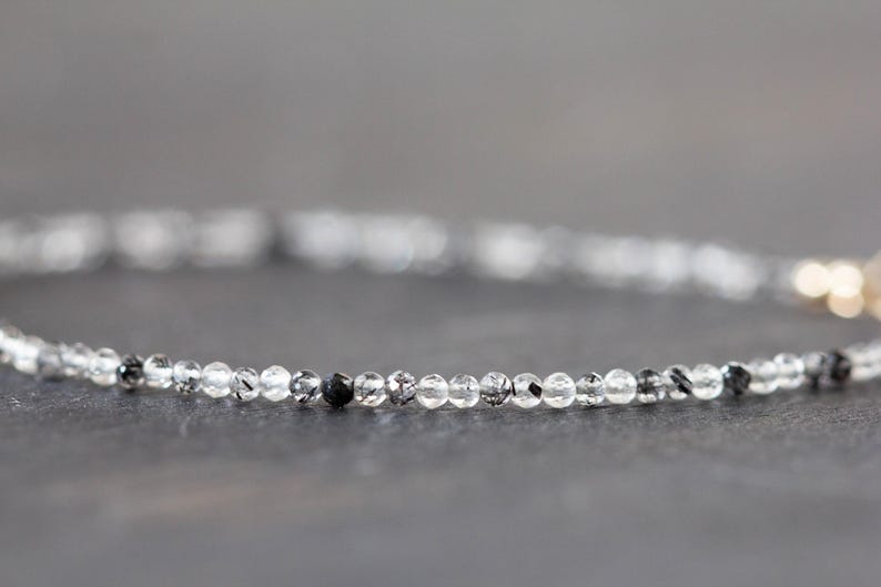 Dainty Rutilated Quartz Bracelet with Herkimer Diamonds, Tiny Double Terminated Quartz Jewelry, Dainty Clear Black Gemstones image 3