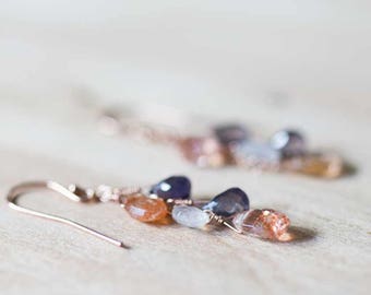 Iolite, Moonstone & Sunstone Earrings, Delicate Multi Gemstone Dangle Earrings, Iolite Jewelry, Rose Gold Filled or Sterling Silver