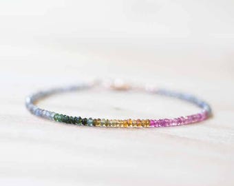 Labradorite & Tourmaline Bracelet, Dainty Beaded Multi Gemstone Jewelry