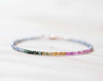 Labradorite & Tourmaline Bracelet, Dainty Beaded Multi Gemstone Jewelry