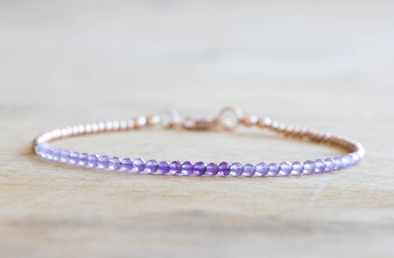 Delicate Amethyst Bracelet with Rose Gold Fill or Sterling Silver, February Birthstone Beaded Jewelry image 1