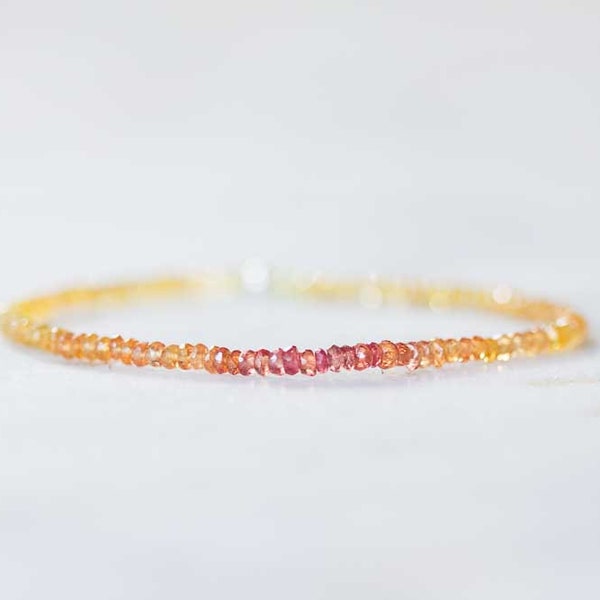 Yellow, Orange and Red Sapphire Stretch Bracelet, September Birthstone Beaded Elastic Jewelry, Dainty Padparadscha Sapphires