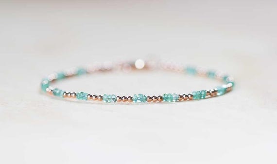 Delicate Emerald Bracelet with Rose Gold Fill or Sterling Silver, Skinny Zambian Emerald Beaded Jewelry, May Birthstone