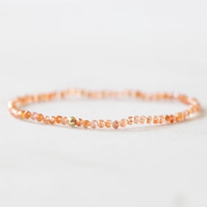 Sunstone Stretch Bracelet, Ultra Delicate Beaded Peach Orange Gemstone Jewelry, Small Faceted Beads on Stretchy Elastic