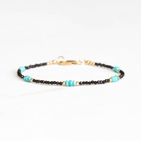 Dainty Black Spinel Bracelet with Genuine Turquoise, Natural Gemstone Jewelry