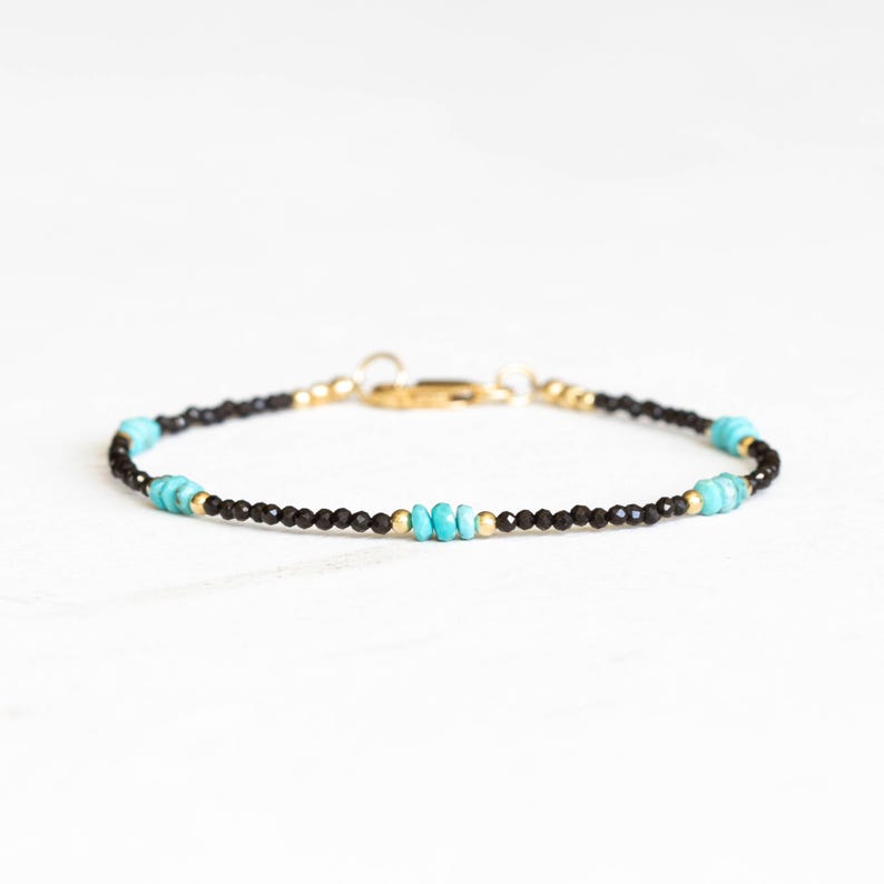 Dainty Black Spinel Bracelet with Genuine Turquoise, Natural Gemstone Jewelry image 1