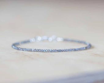 Dainty Labradorite Bracelet, Ultra Delicate Minimal Grey Gemstone Jewelry, Sterling Silver or Rose Gold Filled