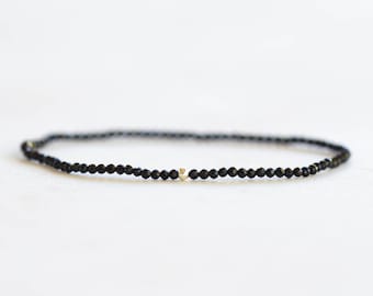 Dainty Black Tourmaline Stretch Bracelet, Ultra Delicate Faceted Beaded Gemstone Jewelry