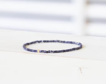 Sapphire Cube Stretch Bracelet, Dainty Beaded Dark Blue September Birthstone Jewelry