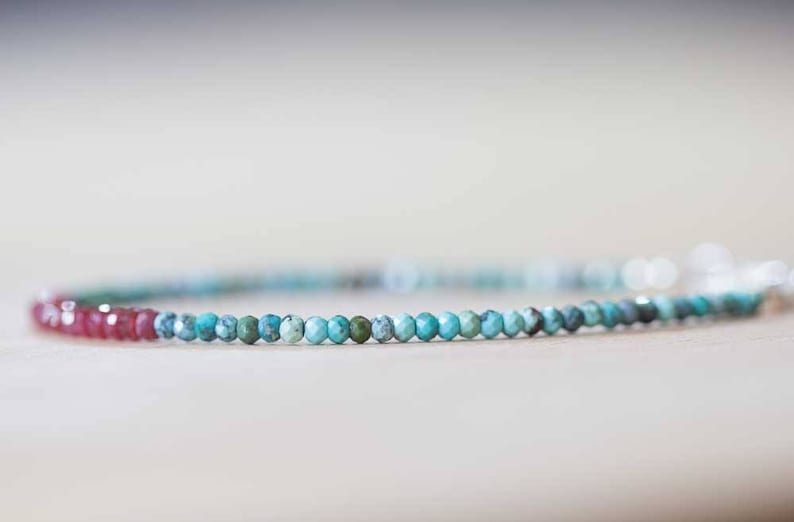 Dainty Turquoise & Ruby Bracelet, Delicate Beaded Multi Gemstone Jewelry, December July Genuine Birthstone image 4