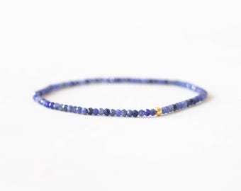 Dainty Sodalite Stretch Bracelet, Ultra Delicate Faceted Beaded Blue Gemstone Jewelry