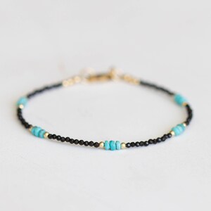 Dainty Black Spinel Bracelet with Genuine Turquoise, Natural Gemstone Jewelry image 2