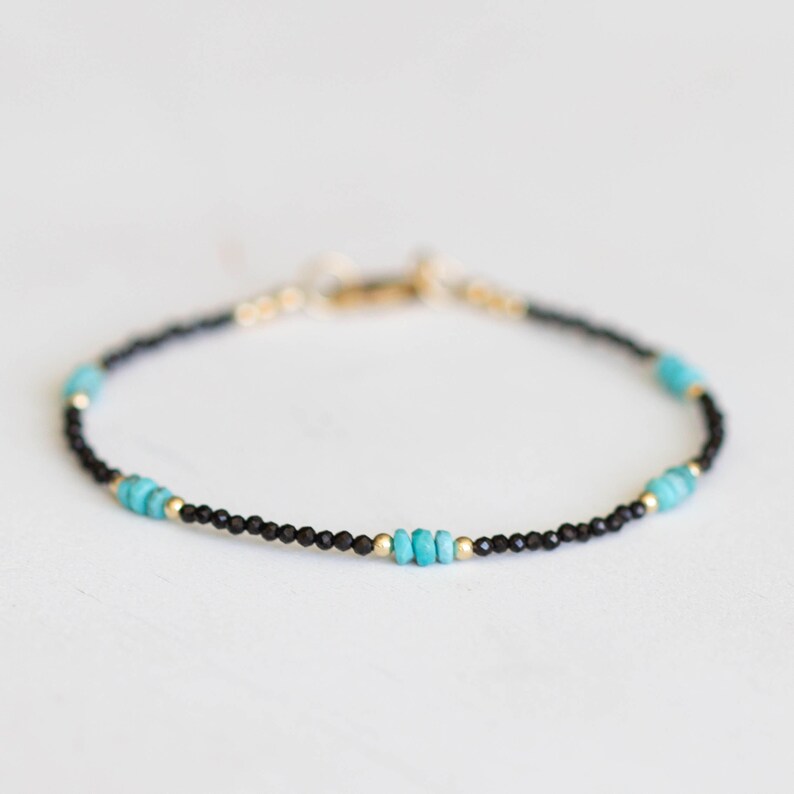 Dainty Black Spinel Bracelet with Genuine Turquoise, Natural Gemstone Jewelry image 2