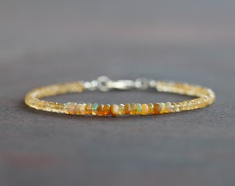 Citrine & Golden Ethiopian Welo Opal Bracelet, Citrine Jewelry, Multi Gemstone Stacking Sterling Silver Rose Gold Fill