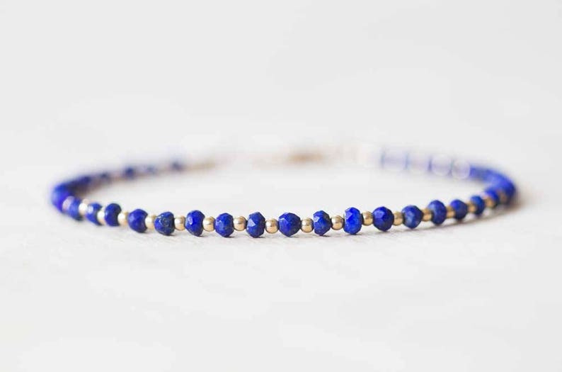 Lapis Bracelet with Rose Gold Fill or Sterling Silver, Stacking Layering Beaded Gemstone Jewelry, Lapis Lazuli Faceted Blue Gemstone image 3