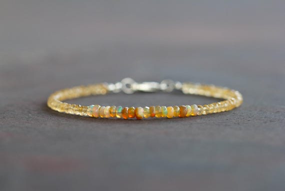 Citrine & Golden Ethiopian Welo Opal Bracelet, Citrine Jewelry, Multi Gemstone Stacking Sterling Silver Rose Gold Fill