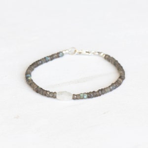 Dainty Labradorite Bracelet with Rainbow Moonstone, Multi Gemstone Beaded Jewelry