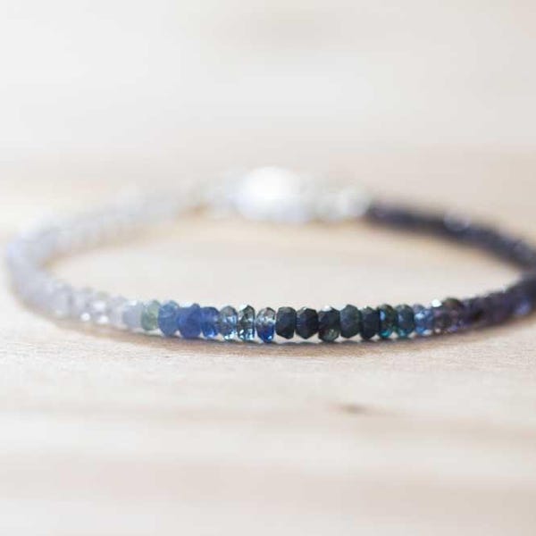 Rainbow Moonstone, Iolite & Sapphire Bracelet: Dainty Multi Gemstone Beaded Jewelry