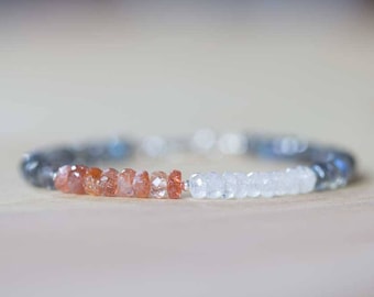 Labradorite, Rainbow Moonstone & Sunstone Bracelet, Labradorite Jewelry, Gemstone Stacking Bracelet, Sterling Silver Rose Gold Filled