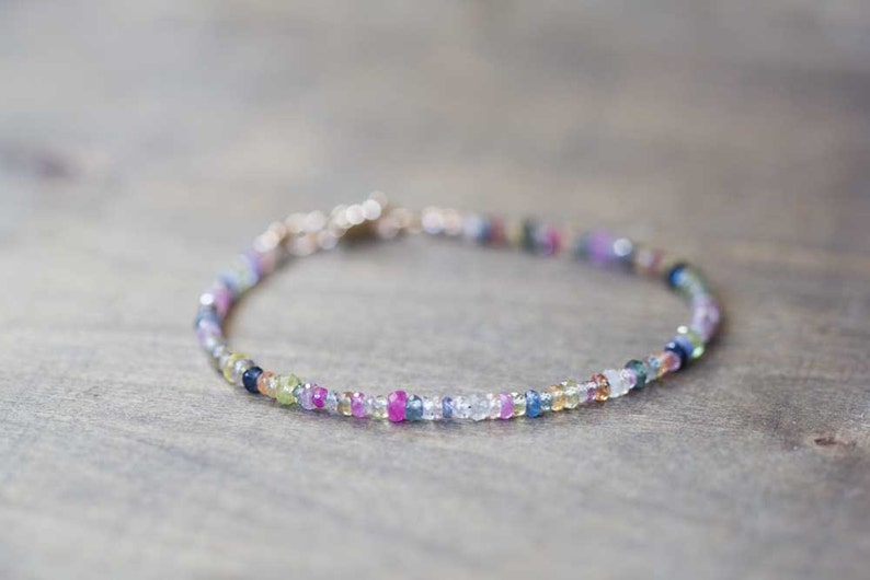 Multi Color Sapphire Bracelet, Rose Gold Fill or Sterling Silver, Delicate Beaded September Birthstone Jewelry image 6