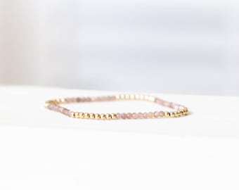 Chocolate Moonstone Stretch Bracelet: Dainty Brown Gemstone Beaded Jewelry with Sterling Silver, Yellow or Rose Gold Filled