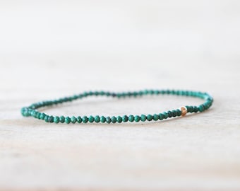 Malachite Stretch Bracelet, Delicate Beaded Green Gemstone Jewelry, Genuine Small Faceted Gemstones