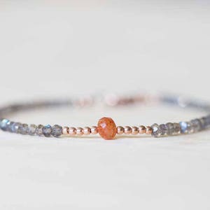 Labradorite Bracelet with Sunstone, Rose Gold Fill or Sterling Silver, Delicate Multi Gemstone Stacking Skinny Bracelet, Sunstone Jewelry