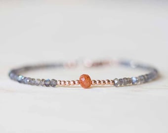 Labradorite Bracelet with Sunstone, Rose Gold Fill or Sterling Silver, Delicate Multi Gemstone Stacking Skinny Bracelet, Sunstone Jewelry