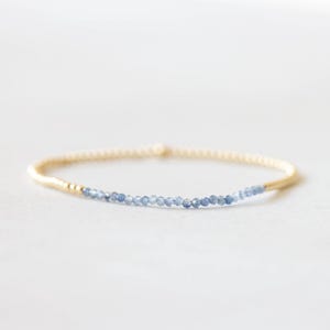 Soft Blue Sapphire Stretch Bracelet with Sterling Silver or Rose Gold Fill, Beaded Ultra Dainty Stacking Bracelet